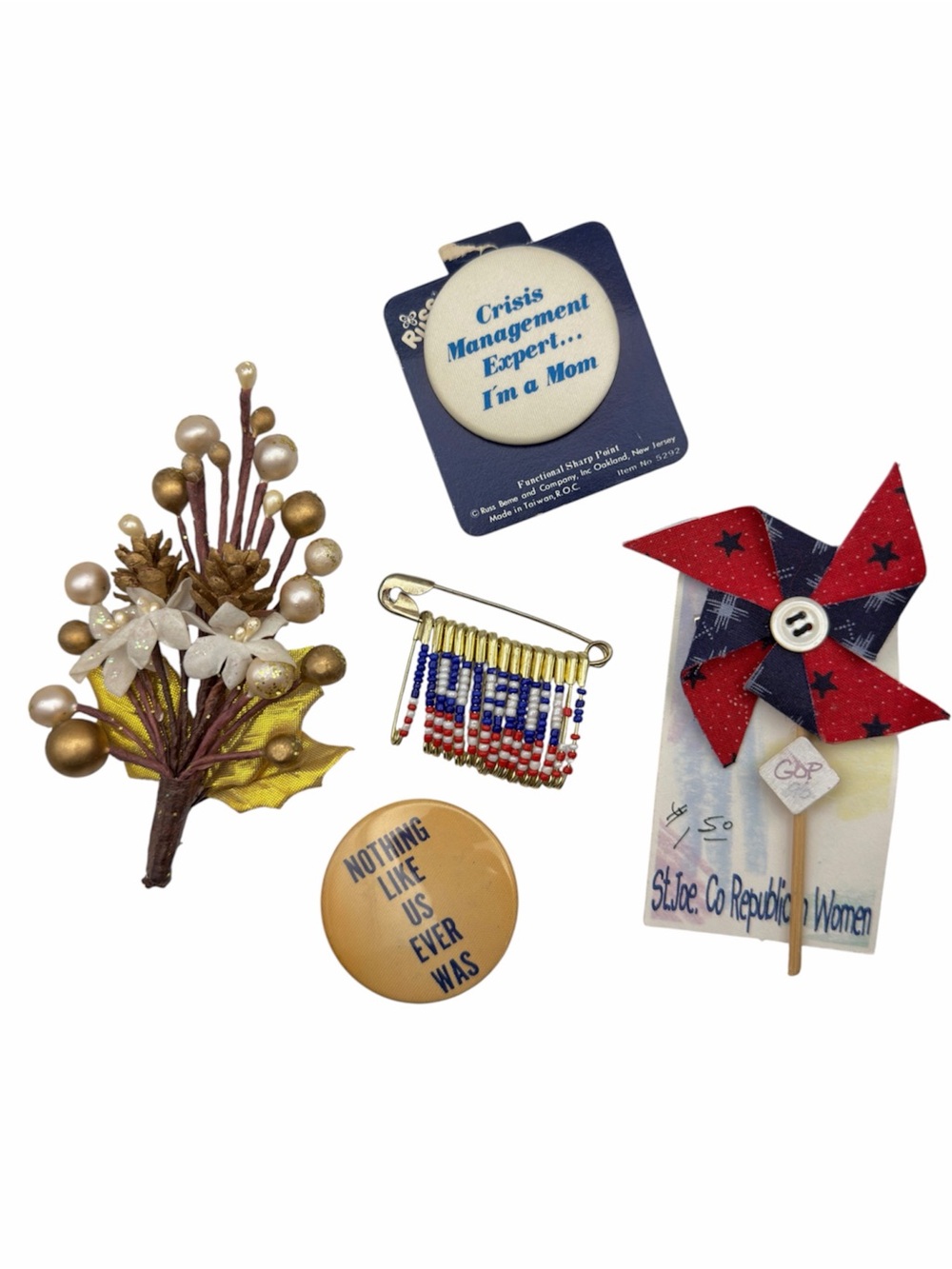 Vintage Brooch & Pin Lot of 5 Patriotic GOP Mom Novelty Floral Beaded Flag